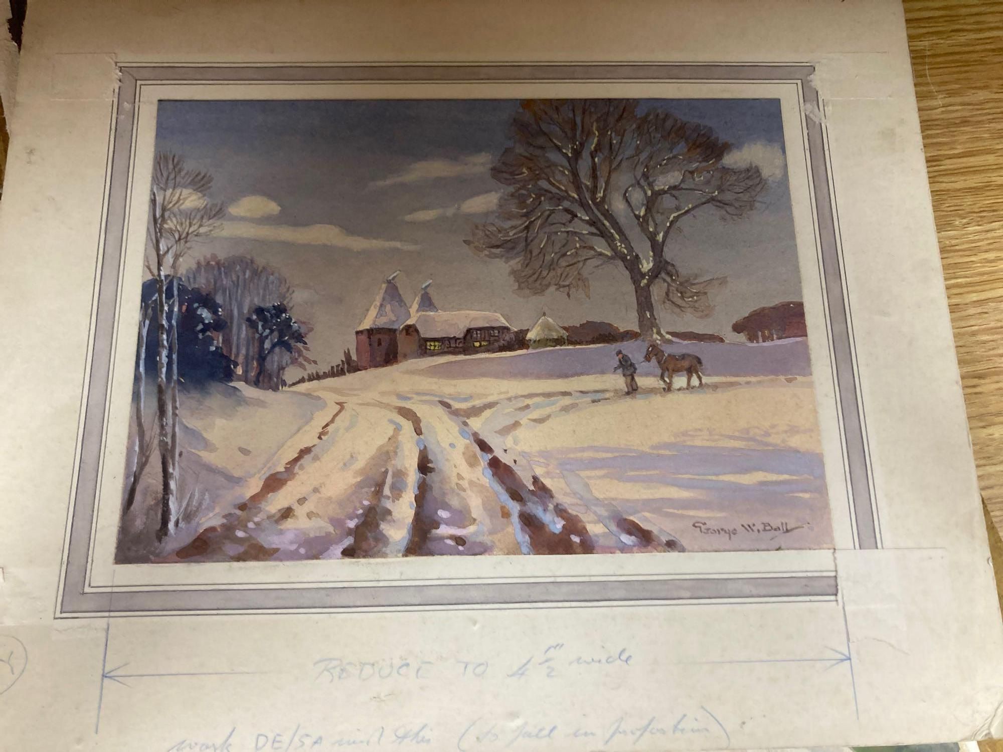 George W. Ball (20th century), a collection of 11 unframed watercolours and ink and watercolour drawings, 19 x 19.5cm to 38 x 23cm